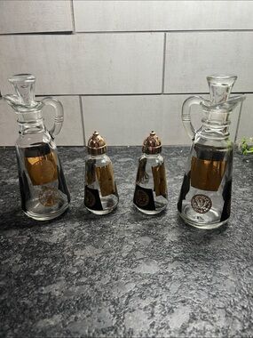 Vintage Glass Condiment Set  Cruet and Shaker Set with Gold Medallion Accents